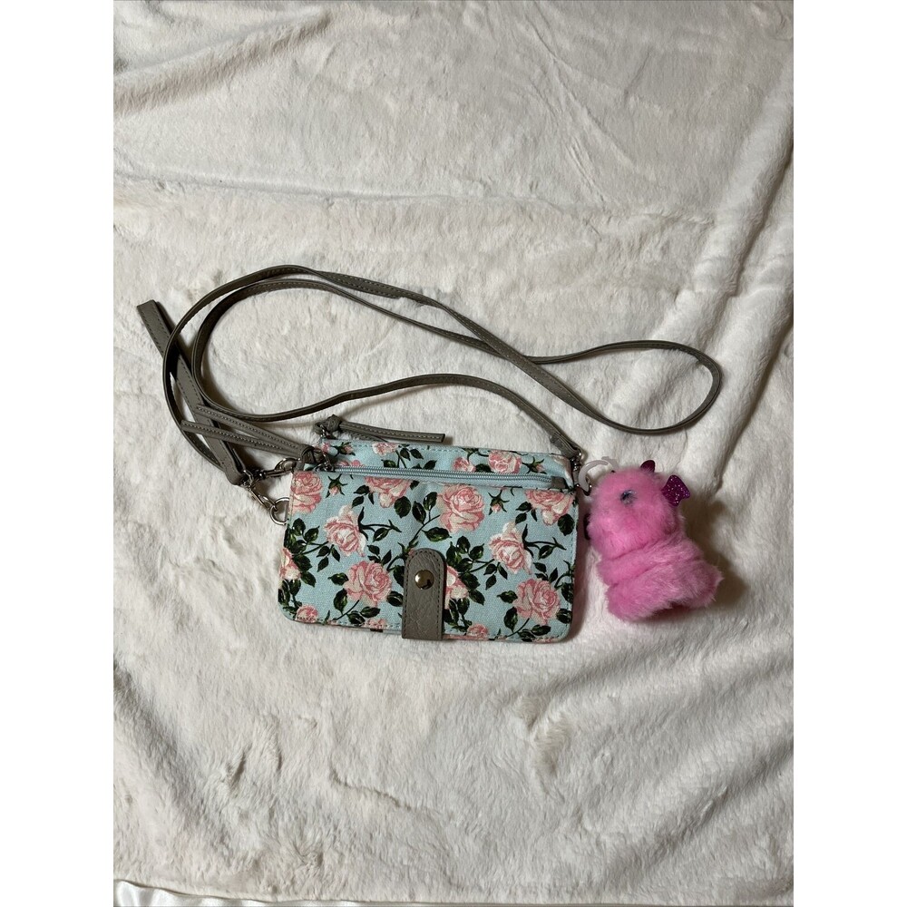 Floral Wristlet Wallet With Shoulder Strap. 1 Pomsie Poos Incl.